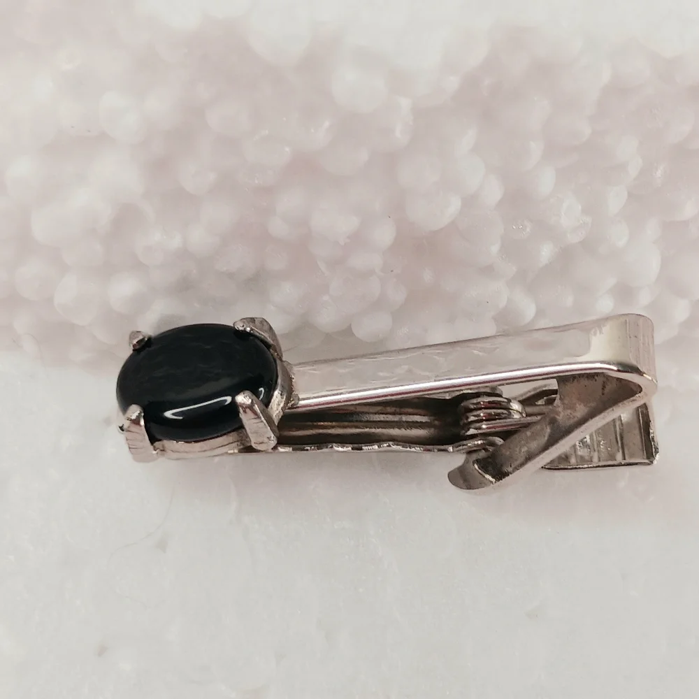 Silver Tie Clip Onyx Natural Black Onyx, Elegant Classic Timeless Vintage